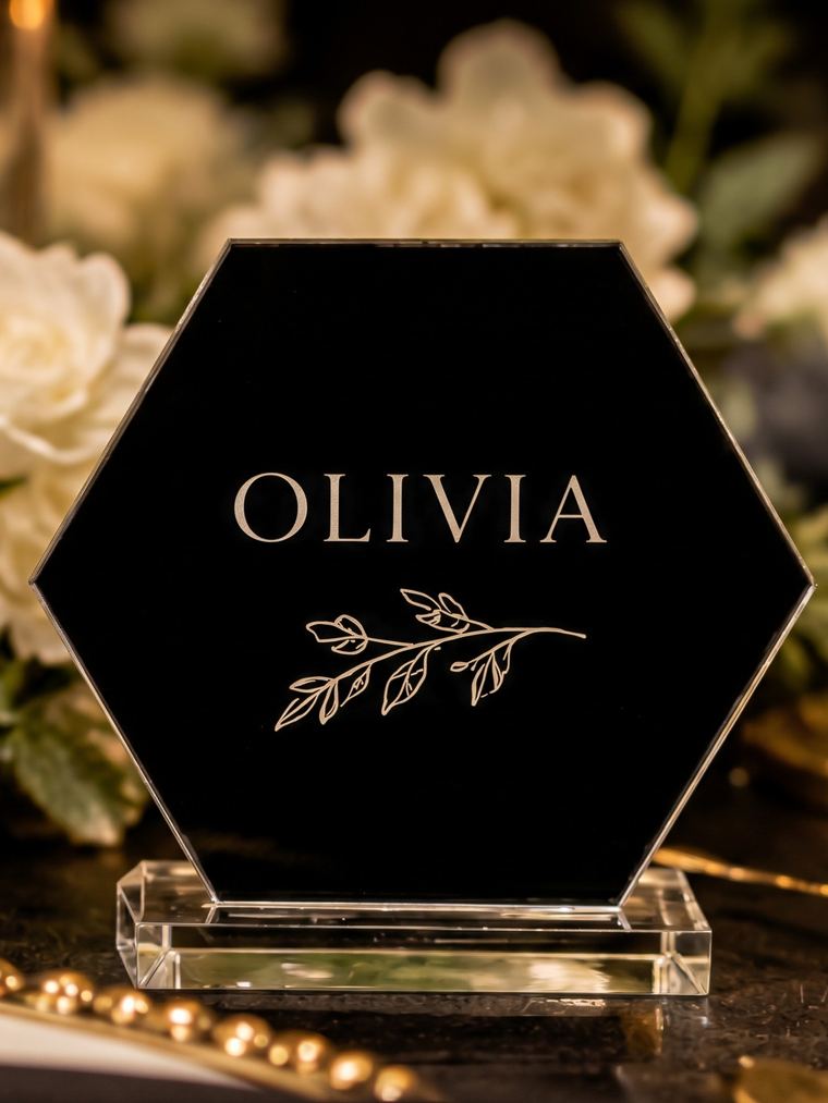 Black hexagon mirror place card on a crystal base, engraved with a guest name and a botanical sprig