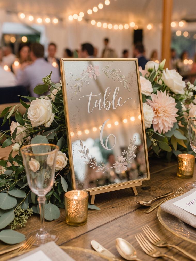 Gold-framed engraved mirror table number on a reception table, surrounded by roses, candles and gold flatware