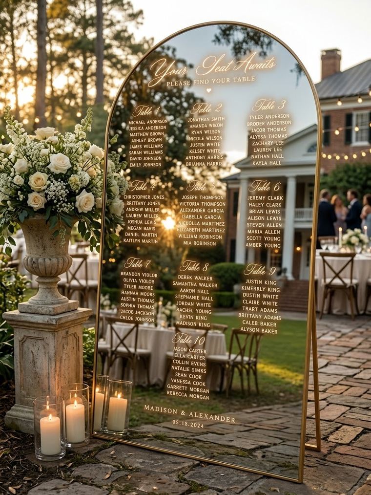 Arched engraved mirror seating chart listing guests by table, lit by candles at golden hour